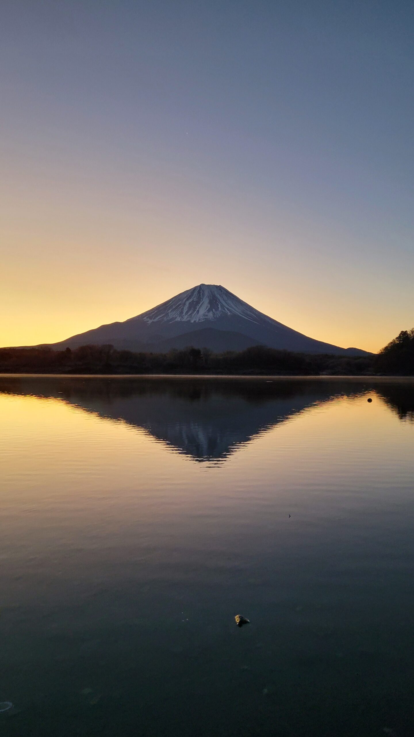 精進湖にて、「静寂の湖面に映る富士山!精進湖の早朝の美」と感じた写真です。