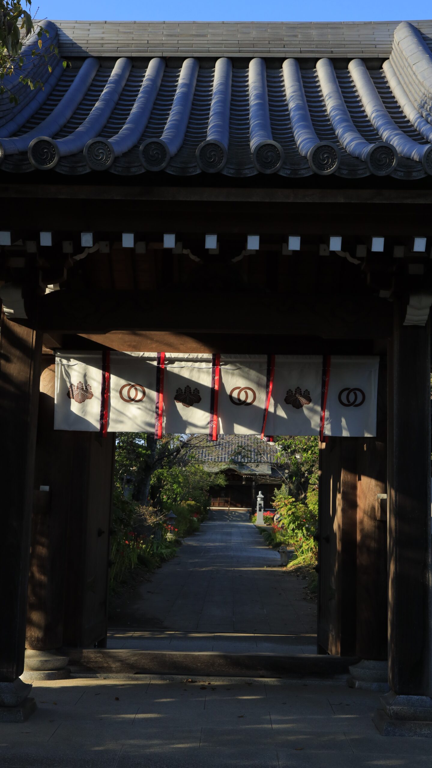 常楽寺で、山門の奥に咲く彼岸花と寺門を組み合わせた風景写真