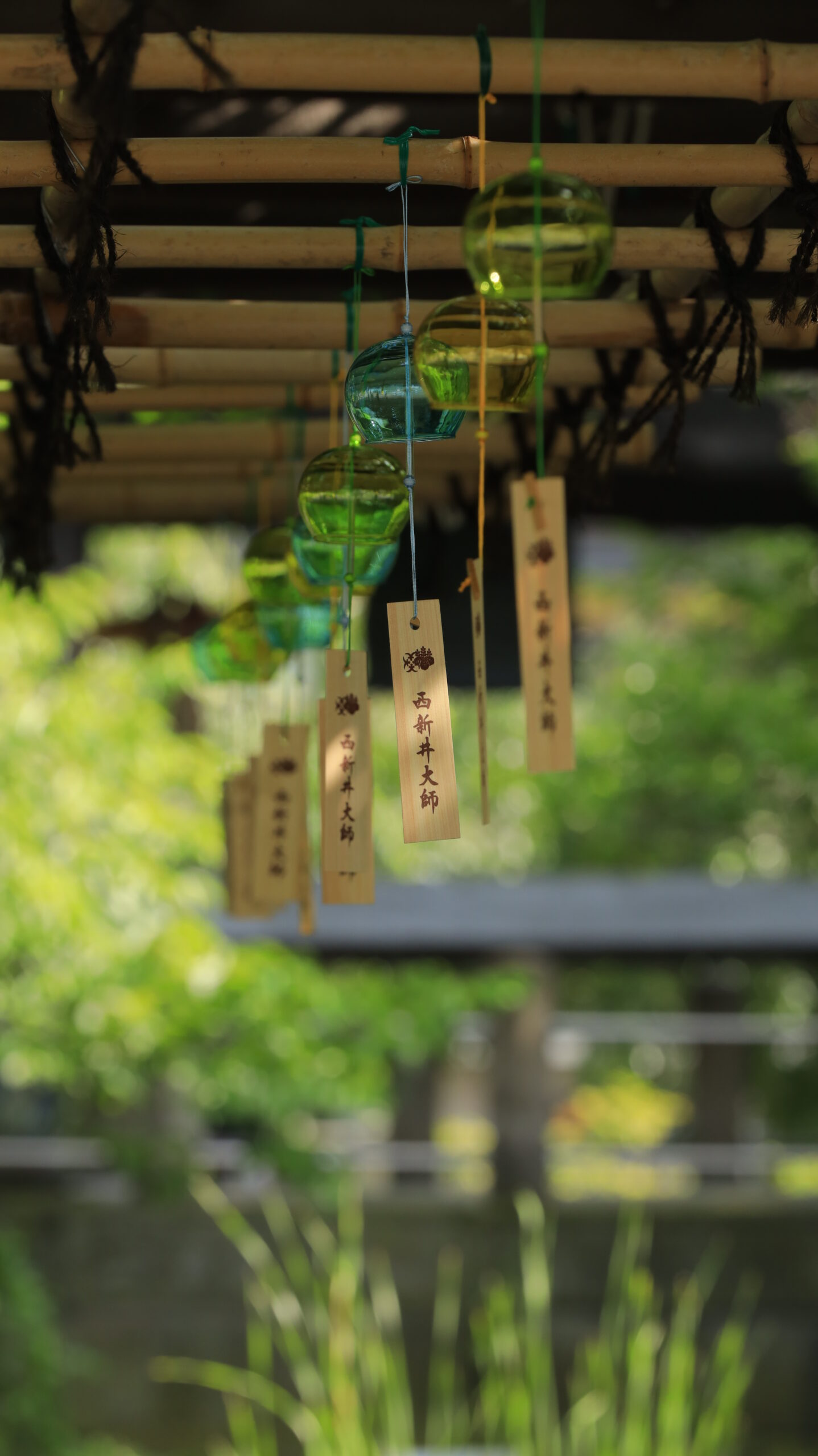 西新井大師で池の前に飾られた風鈴に光が差し込む瞬間を撮影した夏の風景