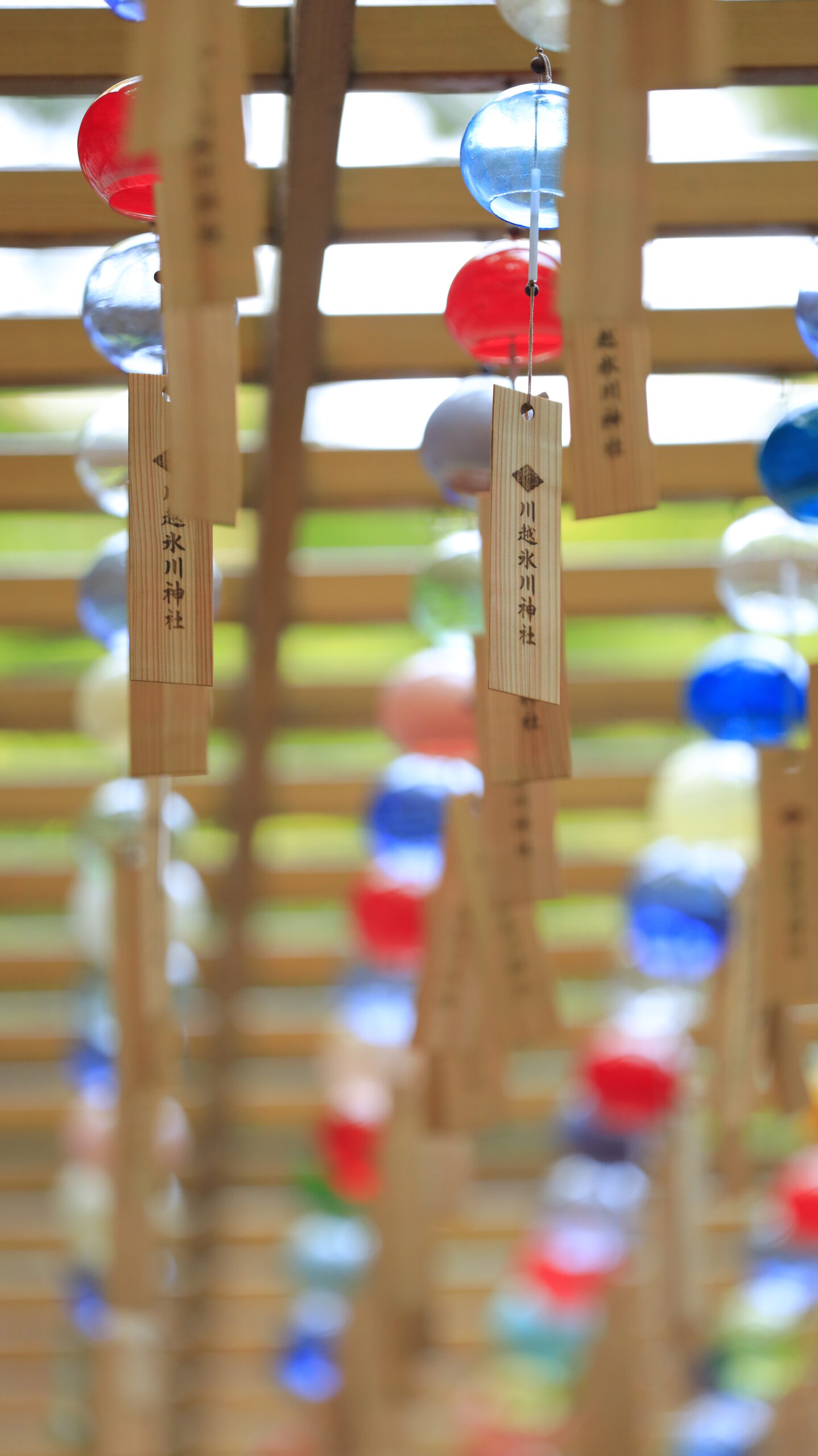 川越氷川神社で空を背景に整然と並ぶ風鈴を見上げた高さと広がりのある写真